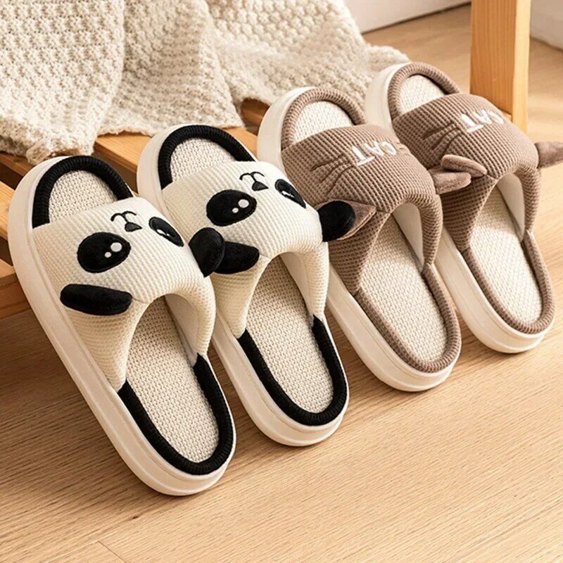 Cute Animal Panda Slippers For Women Girls Kawaii Indoor Linen Slippers Woman Cartoon Milk Cow Cat House Slipper Funny Shoes