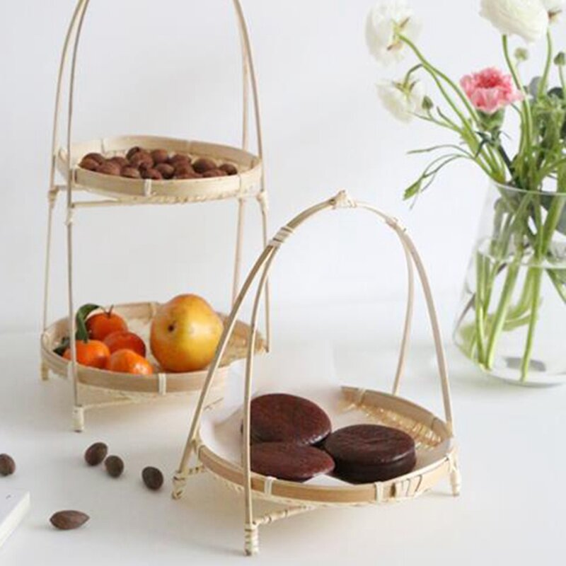 Bamboo Weaving Straw Baskets Tier Rack Wicker Fruit Bread Food Storage Kitchen Decorate Round Plate Stand Container