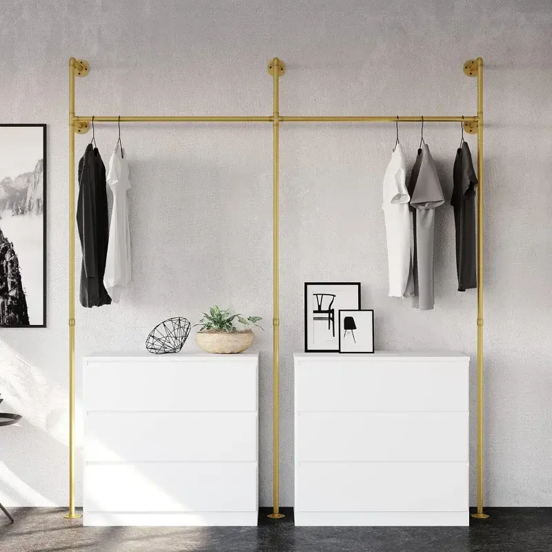 pamo Industrial pipe clothing rack metal gold - Wall mounted clothes racks for hanging clothes - Modern walk in closet - KIM II