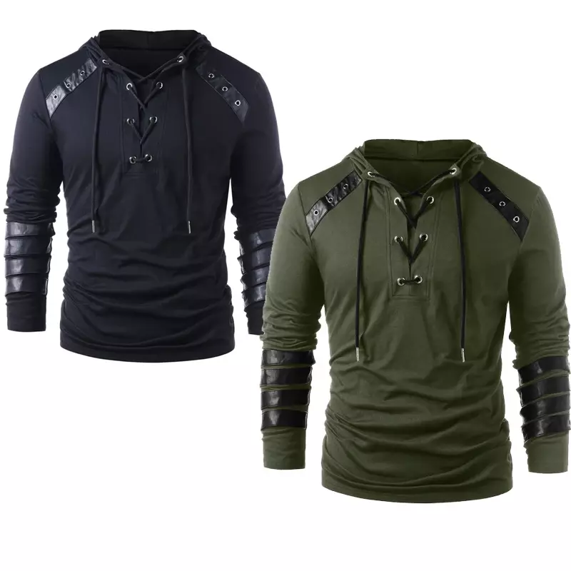 Hooded Men Gothic Steampunk Hoodie Shirts Sweatshirt Lace Up Long Sleeve Pullover Green Hooded Adult Boys Casual Blouse Tops