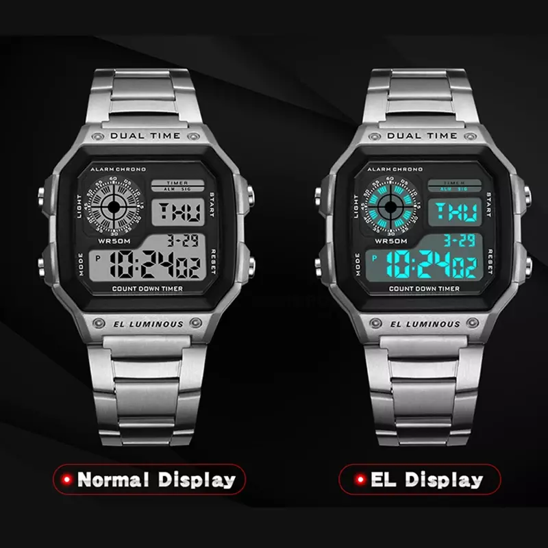 YIKAZE-Relógio Digital Masculino com Alça de Aço Inoxidável, Relógio de Pulso Eletrônico LED Impermeável, Relógios Esportivos Contagem Regressiva, Presente