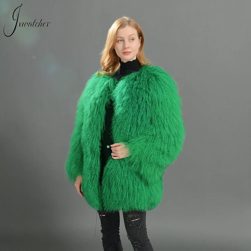 Jxwatcher mantel bulu domba wanita, jaket bulu domba Mongolia asli, pakaian luar musim dingin 2024, mantel bulu alami mode baru musim gugur untuk wanita