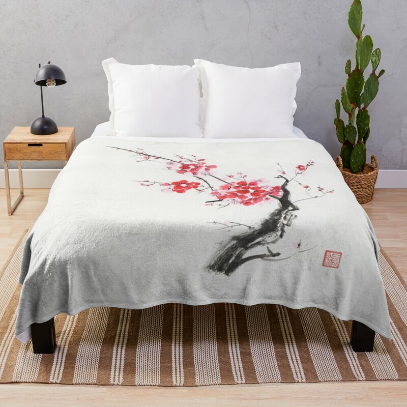 Japonês Cherry Blossom Abstract Polar Blanket, Zen Pintura de Sakura Branch, Flores Vermelhas na Impressão de Arte Branca, Jogue Blanket
