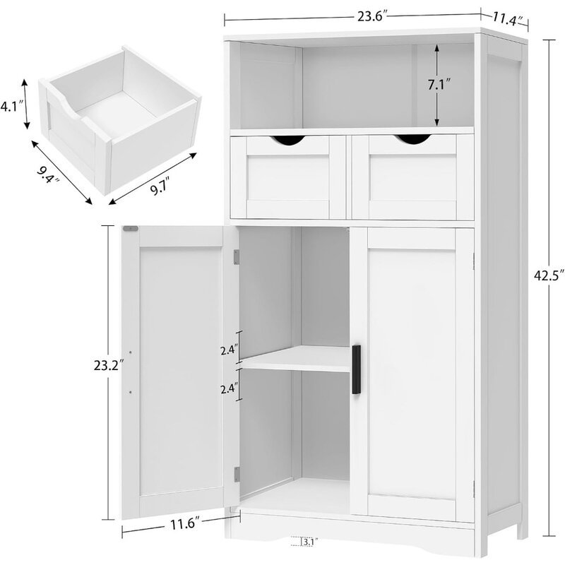 Armario de baño con 2 cajones y estantes ajustables, armario de piso con puertas para sala de estar