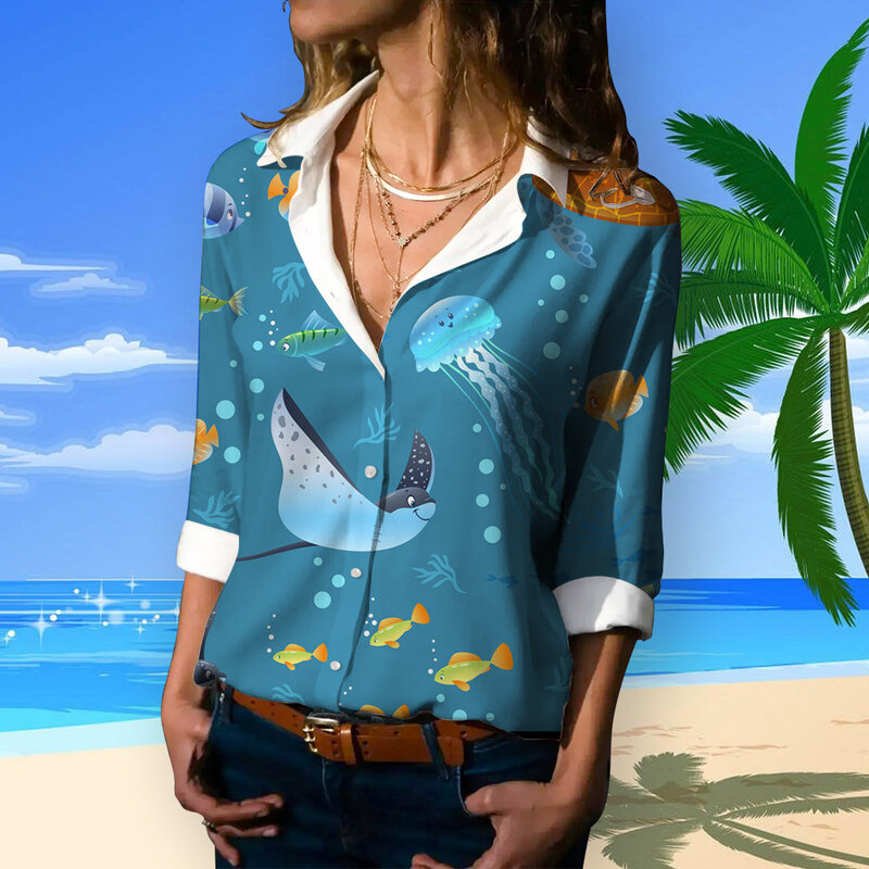 เสื้อแฟชั่นผู้หญิงลายสัตว์น่ารักเสื้อผ้าสำหรับฤดูร้อนใหม่เสื้อฮาวายลำลองแขนยาวติดกระดุมแบบหลวม