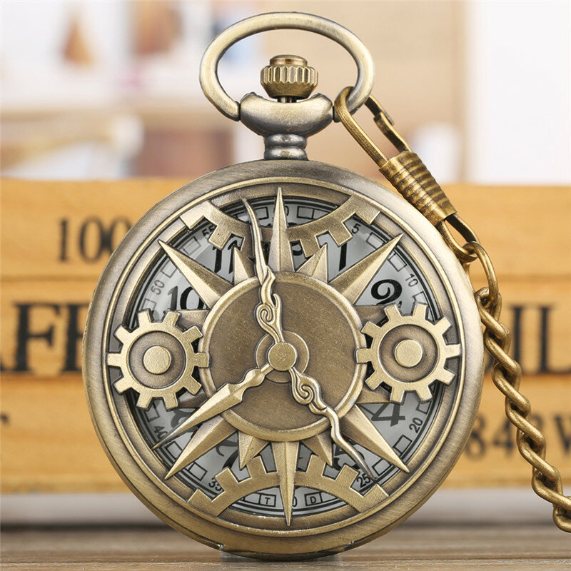 Reloj de bolsillo analógico de cuarzo antiguo para hombre y mujer, cubierta de engranaje ahuecada de estilo Vintage, cadena colgante, reloj de regalo