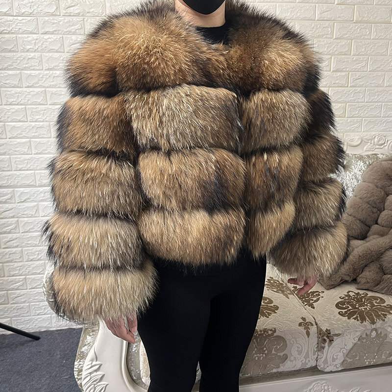 MAOMAOKONG 2024 mantel bulu asli berbulu atasan jaket bulu rakun alami musim dingin pakaian wanita ukuran besar modis mewah