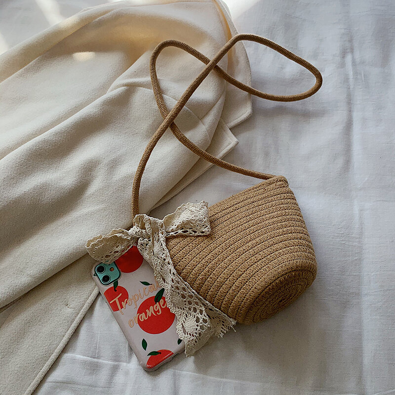HOCODO borsa piccola in paglia estiva borsa a mano con fiocco in pizzo intrecciata borsa a tracolla femminile con coulisse in paglia borsa a tracolla da donna da spiaggia
