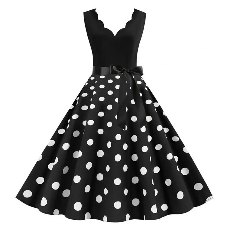 Retro Midi Dress Vintage-inspired Women's Midi Dress with Lace-up V-neck High Waist Bow Detail Retro Dot Print for Prom or Party