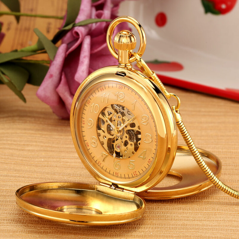 メンズ自動巻き時計,ギフトボックス,ゴールド,銅,両面,フォブチェーン,アンティークセルフ巻き時計