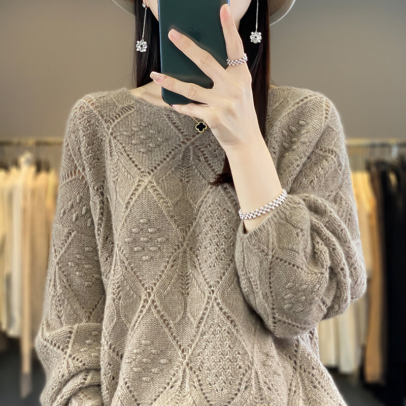 Suéter de caxemira 100% lã pura feminino, pulôver com o pescoço, tricotado luxo oco, moda coreana