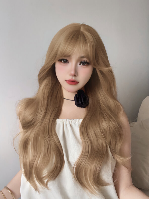 26 Cal głęboka blond Lolita damska peruki syntetyczne z hukiem długa naturalne kręcone włosy peruka dla kobiet codziennego użytku Cosplay odporna na ciepło
