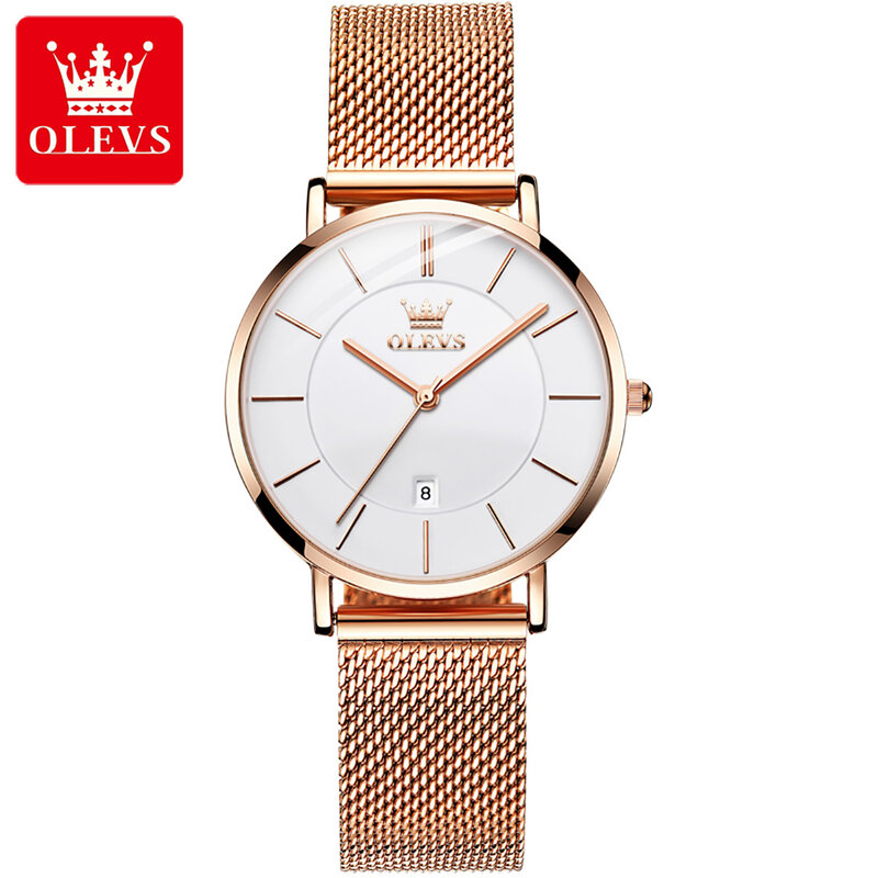 นาฬิกาข้อมือกันน้ำแฟชั่นสำหรับผู้หญิง OLEVS สายสแตนเลสนาฬิกาควอทซ์สำหรับปฏิทินผู้หญิง