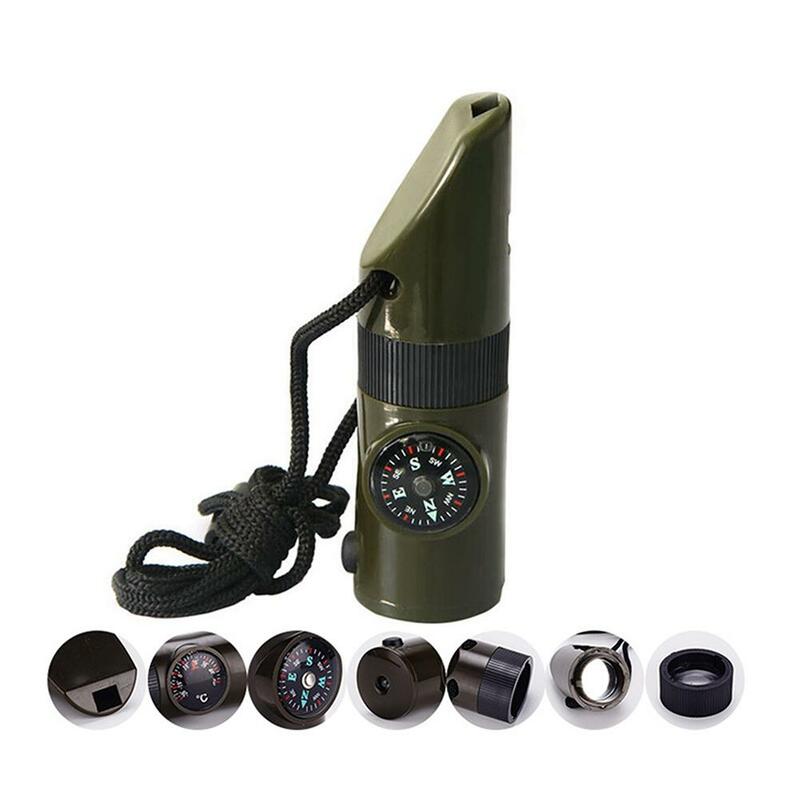 Multifunction Survival Whistle com colhedor, ferramenta de acampamento ao ar livre, segurança de emergência profissional, luz LED, bússola, 7-em-1