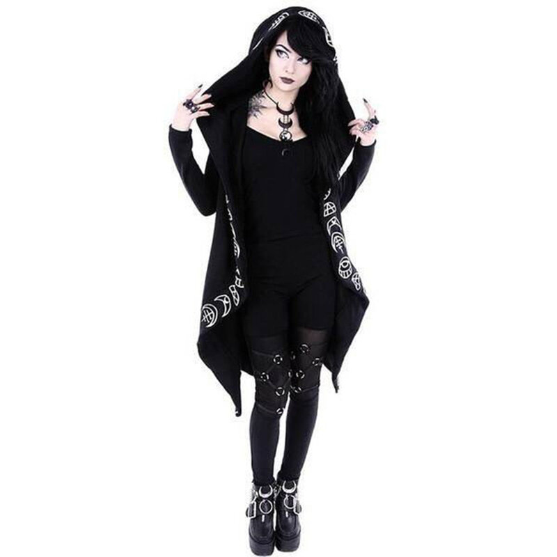 Casaco de manga comprida forrado de lã feminino, casaco punk, cardigã com capuz, comprimento do joelho, preto, estampa lunar, plus size