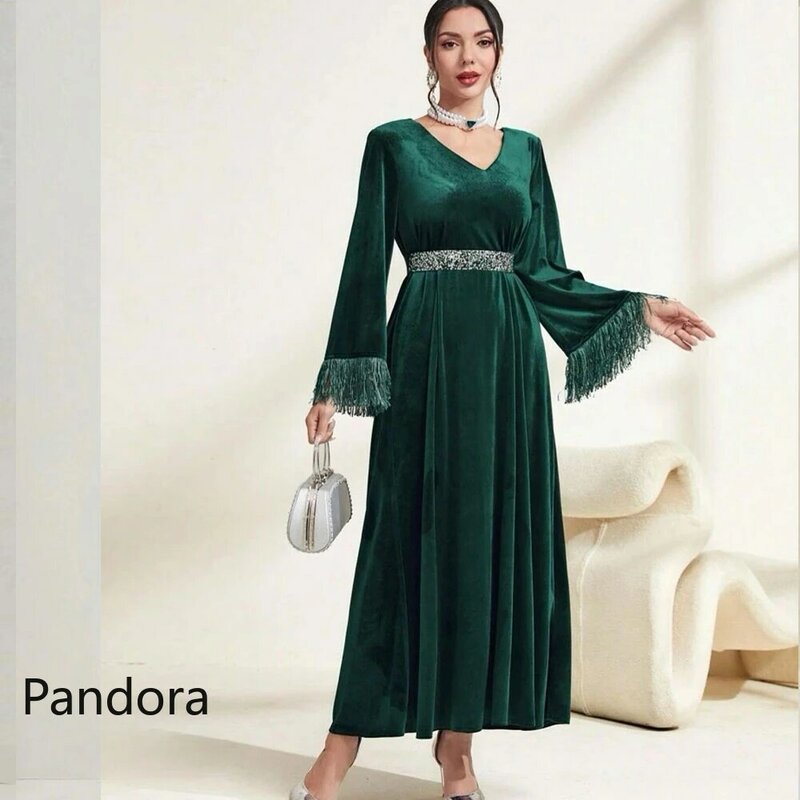 Pandora-Robe de soirée formelle perlée pour femme, manches longues, col en V, longueur de rinçage, robe trapèze, mariage, anniversaire, robe de soirée de Rh