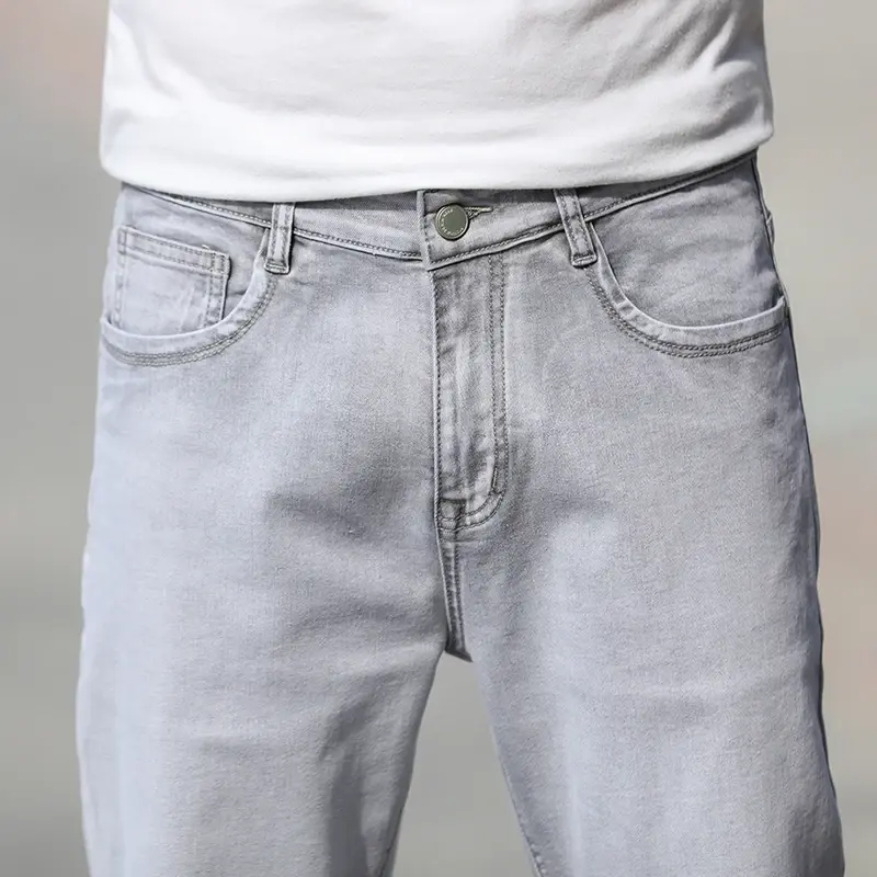 Pantalones vaqueros rectos sueltos y finos para hombre, ropa informal Simple, Algodón ligero, elástico, gris claro, verano, nuevo