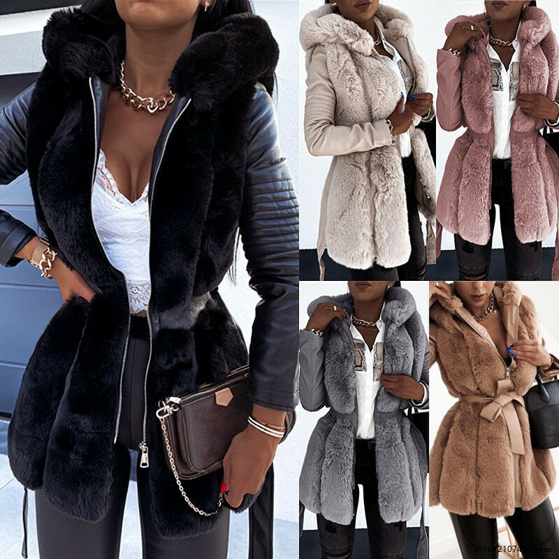 2023 New Fur Coat Women's Belt Hooded Solid Zipper Jacket Coat Women's Wear fox Fur Jacket Coats For Women