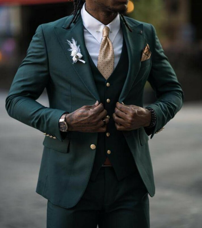 Slim-Fit สีเขียวฤดูร้อนชุดแต่งงานสำหรับชายคู่กระเป๋า Peak Lapel ชาย Blazer ชุด3ชิ้น + กางเกง + เสื้อกั๊กเครื่...