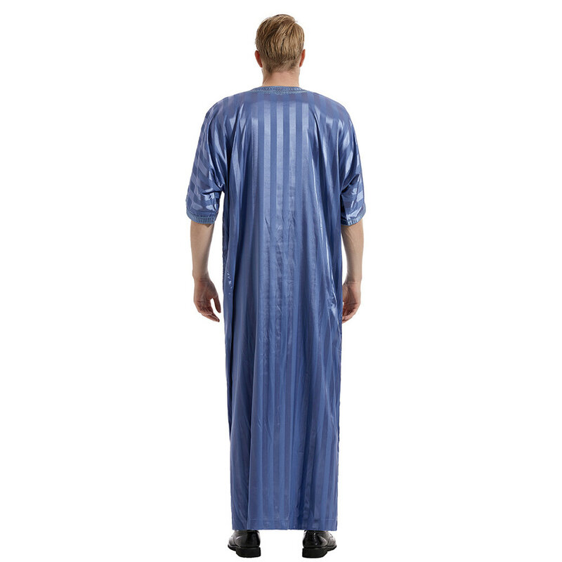 줄무늬 이슬람 남성 Jubba Thobe 자수 지퍼 포켓 로브 thous b Eid 라마단 두바이 아바야 드레스 이슬람 의류 아랍 Kaftan