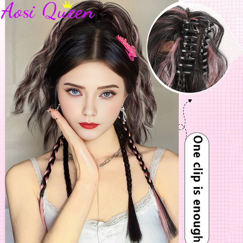 AOSI Synthetic Wig Braid Claw Clip Highlighted Color High Ponytail Sweet Cool Boxing Braid Half-tied Hair Twist Braid