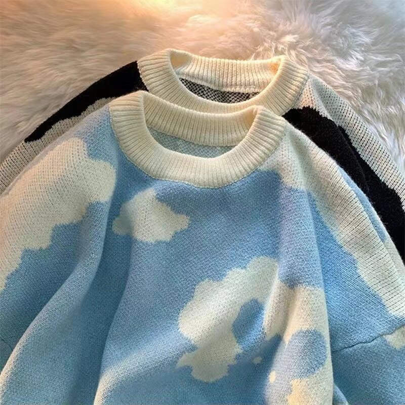 Cloud Jacquard ลมขี้เกียจคู่เสื้อกันหนาวฤดูใบไม้ร่วงและฤดูหนาวหนารอบคอด้านในนักเรียน Casual Knitwear Sweater Jepang