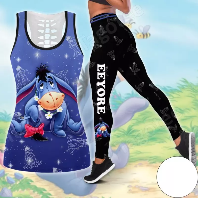 2024 Eeyore женский открытый жилет + женские леггинсы костюм для йоги леггинсы для фитнеса спортивный костюм Winnie the Pooh майка Топ леггинсы комплект