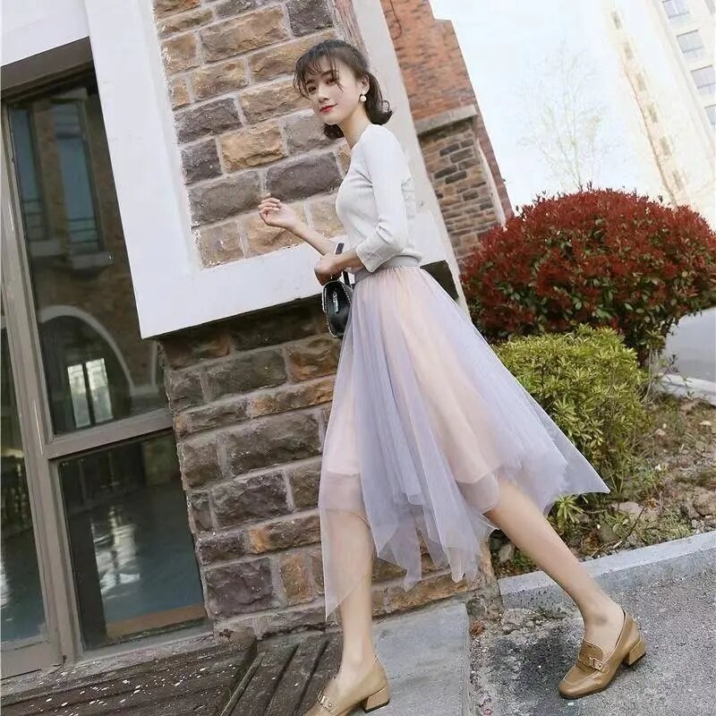 Женская длинная юбка с высокой талией, элегантная сетчатая юбка с эластичным поясом двух цветов, Дамская одежда для офиса, весна-лето