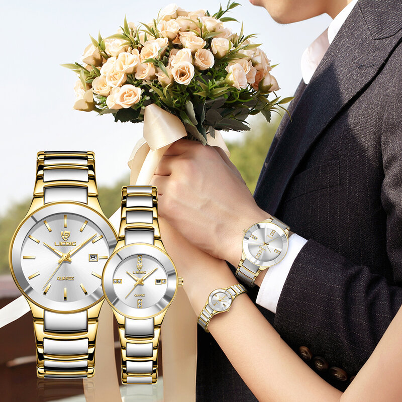 LIEBIG New Luxury Full Steel Strap Golden Quartz Wristwatch For Woman Casual Waterproof Sport Watches Man Clock Relogio Masculin