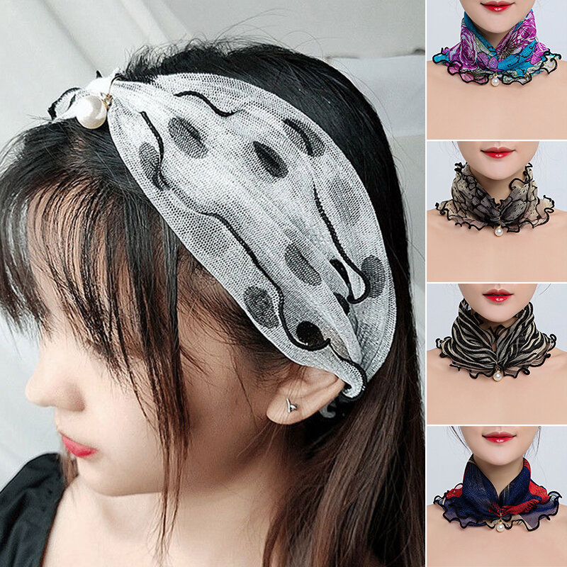 Women Print Neck Collar Fake Pearl Pendant Organza Lace Scarf Elasticity Ruffle Neck Wrap Chiffon Scarves Bandana Headband New
