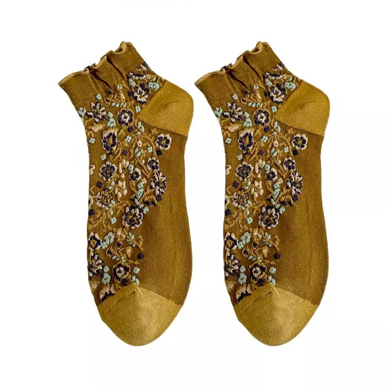 Носки женские короткие с цветочным принтом, хлопковые впитывающие пот повседневные короткие носки для девушек, мягкие носки с рюшами, 5 пар