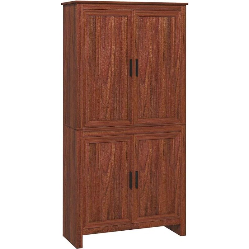 Кухонный кладовый шкаф 64 дюйма с 4 дверцами, отдельно стоящий шкаф с 3 регулируемыми полками для кухни, столовой или гостиной, коричневый