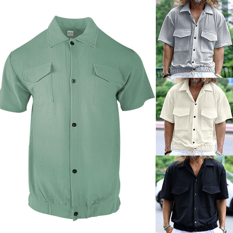 Summer Men's Solid Color Lapel Short Sleeve Shirt Comfortable Breathable Button Cardigan T-shirt Casual Work Shirt Tops