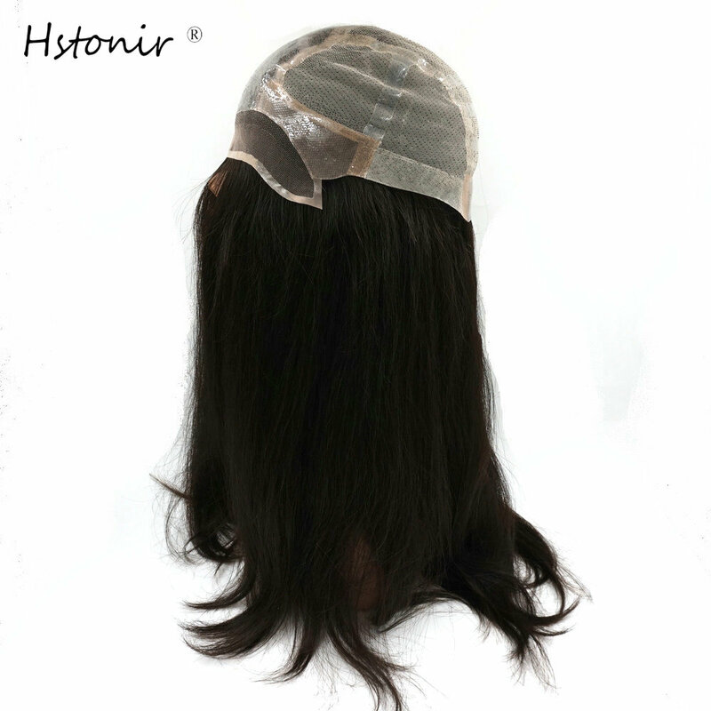 Hstonir-peluca médica con malla frontal francesa, pelo Remy europeo con malla elástica, antideslizante, superior de silicona suave, piel de polipiel, G038