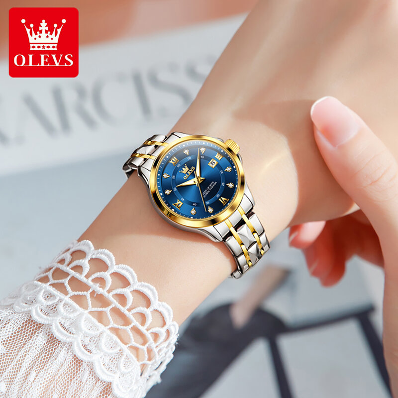 Olevs-女性用ステンレススチール防水クォーツ時計、発光カレンダー、高級腕時計、トップブランド、ファッション
