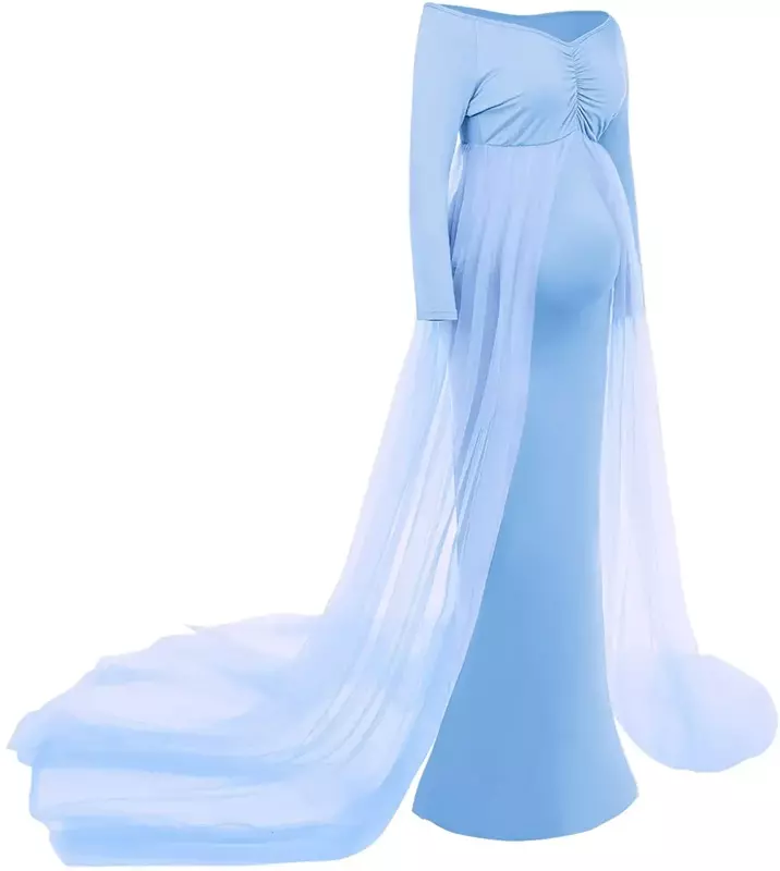 Damska z długim rękawem z odkrytymi ramionami macierzyńska Maxi fotografia rekwizyty sukienka tiulowa suknia ślubna syrenka do sesji zdjęciowej Baby Shower