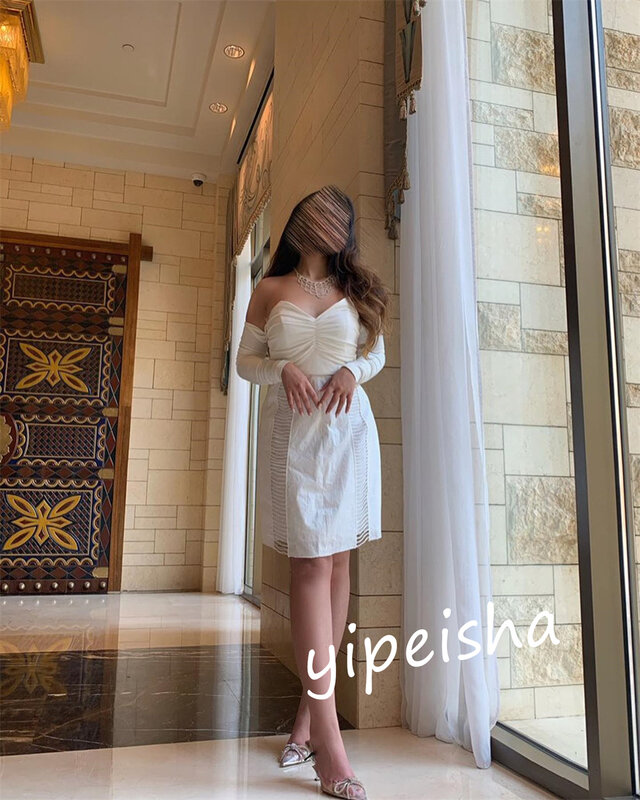 Prom Dress Avond Jersey Plooi Quinceanera A-Line Off-The-Shoulder Op Maat Gemaakte Gelegenheidsjurk Knielengte Jurken Saudi-Arabië