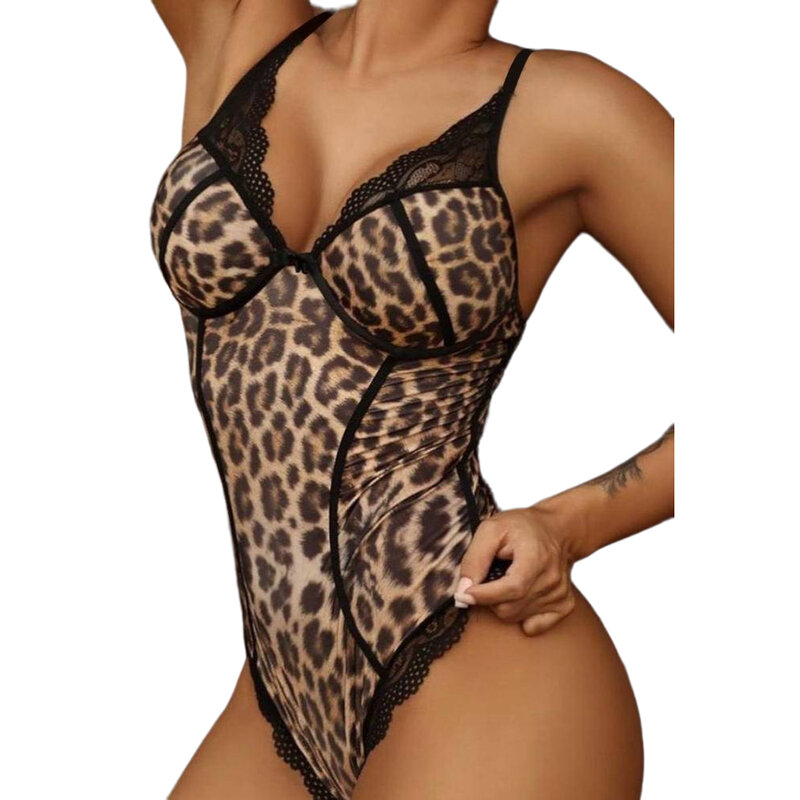 Womens Spring Summer Leopard Print Lingerie Crotchless Bodysuit Ladies Jersey Sleeveless G-string Babydoll Suspender For Female