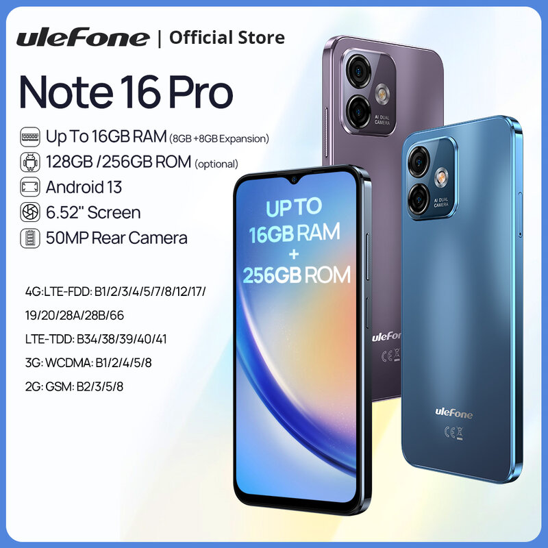 Ulefone Note 16 Pro 최대 16GB RAM 256GB ROM 안드로이드 13 글로벌 버전 휴대폰 50MP 카메라 6.52 인치 4400mAh GPS 4G 셀룰러
