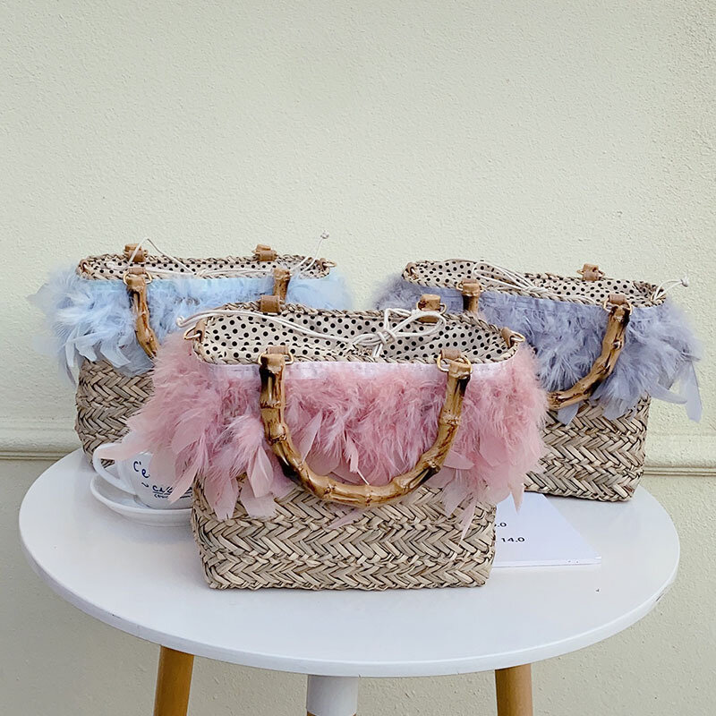 Соломенная плетеная Сумка с перьями страуса, стильная сумочка ручной работы из ротанга, портативная дорожная пляжная сумка