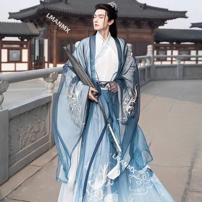 Mężczyźni Hanfu chiński tradycyjny kostium zestaw Weijin okres szyfonowy gorset sukienka konfucjańska dżentelmen Cosplay pokaż odzież Hanfu
