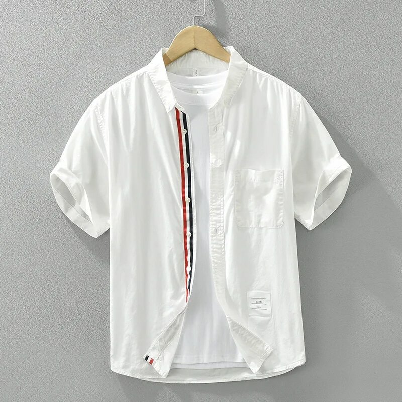 قميص بأكمام قصيرة على الطراز الياباني من القطن للرجال ، قمة مطابقة ألوان بسيطة ، ملابس ترفيهية عصرية وفنية