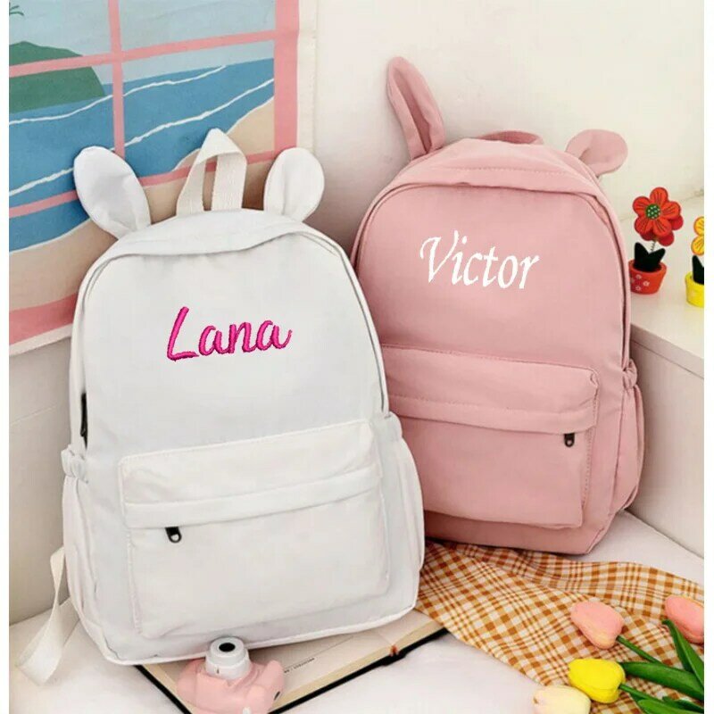 Custom Name Solid Color Rabbit School Student Backpack Personalized Kids Fashion Large Capacity Schoolbags Lightweight Backpack