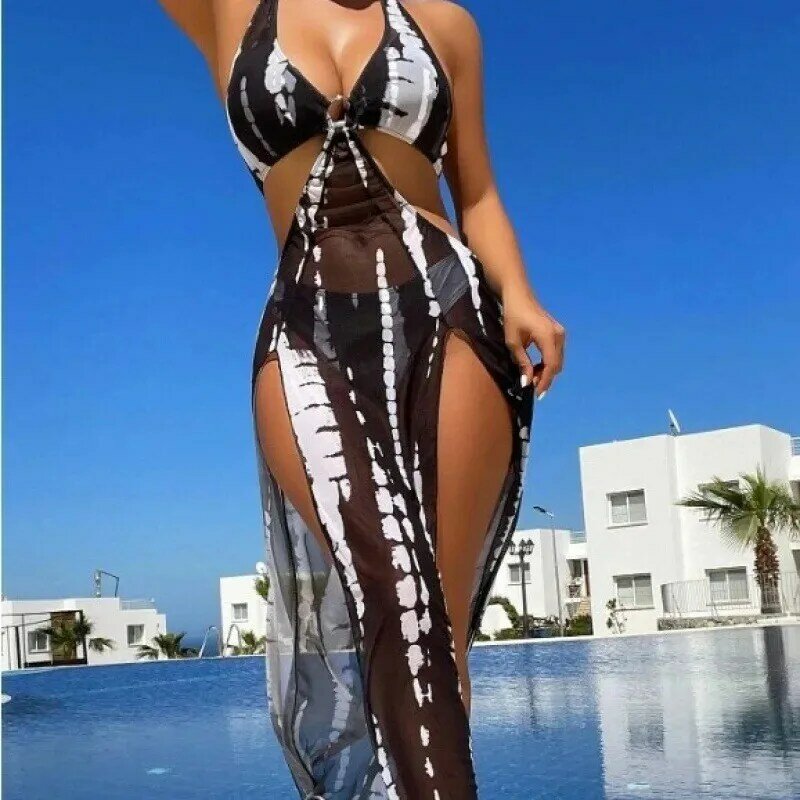Costume da bagno a tre pezzi Bikini stampato alla moda per donna con gonna con lacci copricostume raccolto senza supporto in acciaio Beachwear