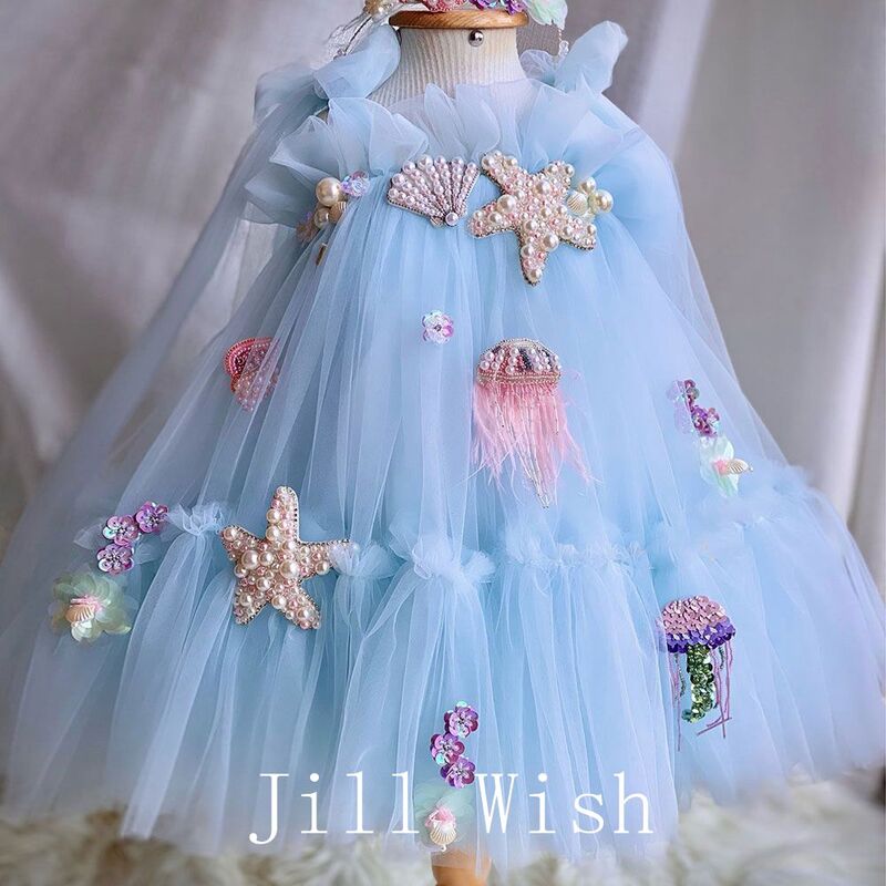 Jill Wens Luxe Blauwe Baby Bloem Meisje Jurken Mini Kralen Parels Prinses Kids Jurk Voor Verjaardag Bruiloft Communie Feest J038