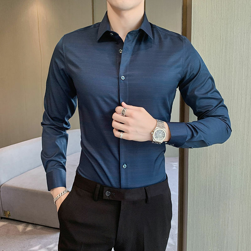 Spring Summer New Smart Casual Korean Trendy Print Stripe Plaid Ice Silk Thin Long Sleeved Shirt Men's Neck Button Versatile Top