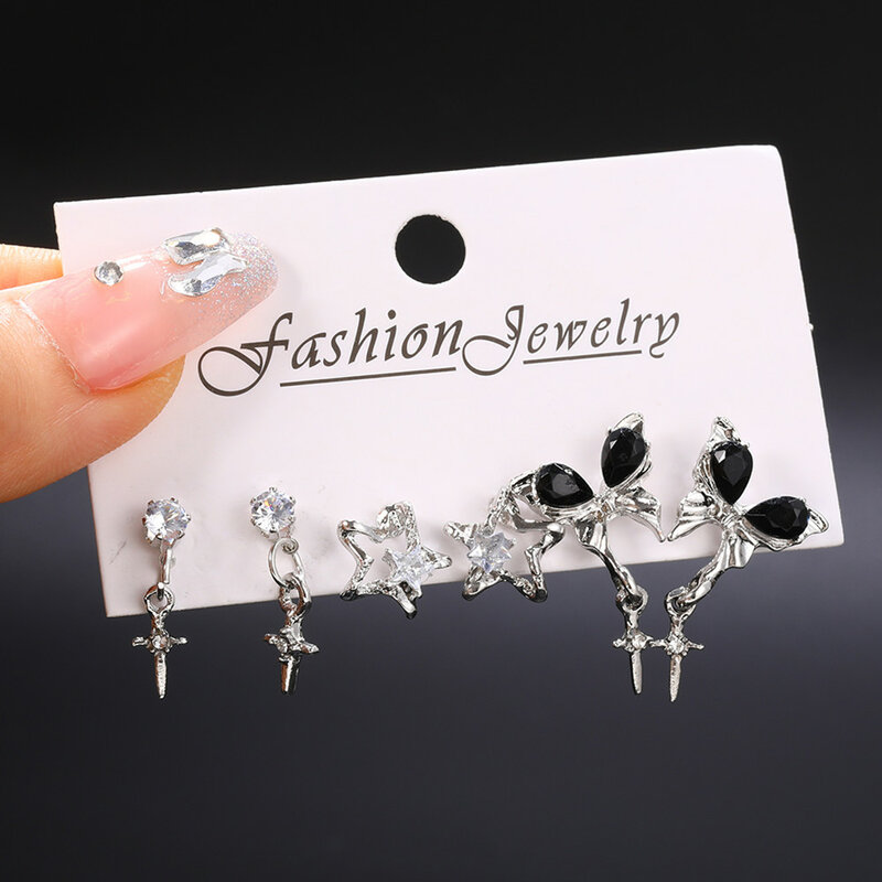 Goth Black Butterfly Crystal Star Earring Set para mulheres, estética vintage da menina, brinco de coração, acessórios de jóias Y2K na moda