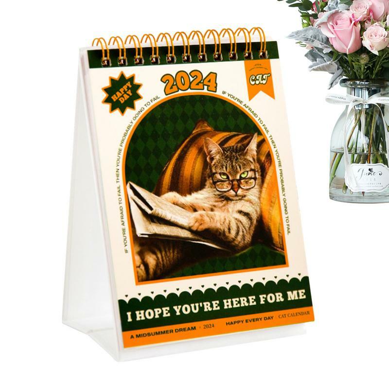 Mini calendrier de bureau avec autocollant chat drôle, calendrier debout, calendrier de bureau créatif, 12 mois, 2024, 2024