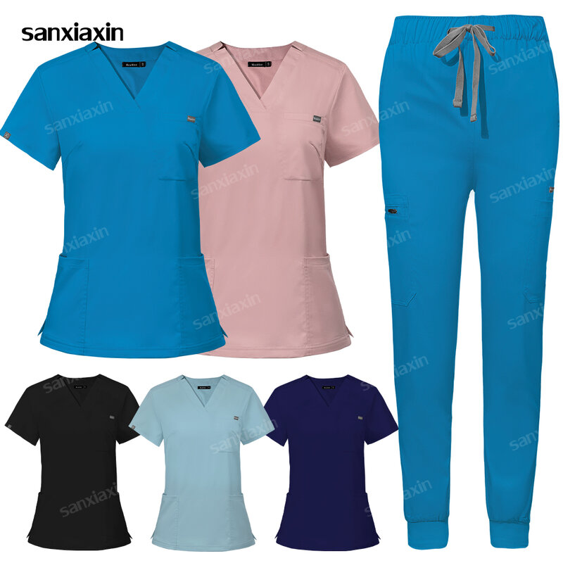 여성용 의료 유니폼 탄성 스크럽 세트, 병원 수술 가운, 반팔 상의, 바지, 간호 액세서리, 의사 의류