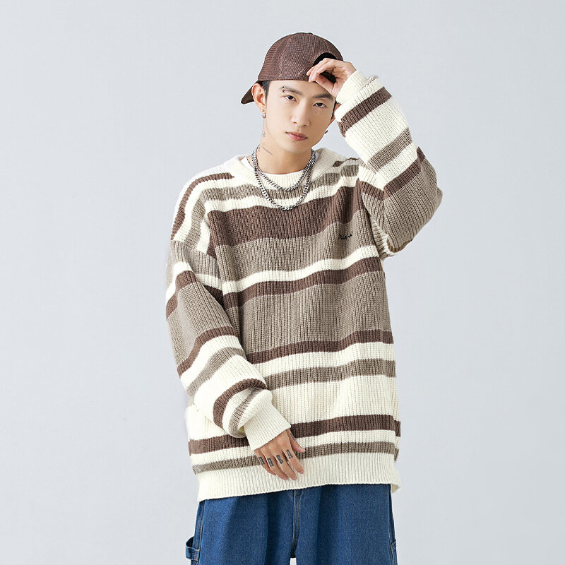 남성용 스트라이프 자수 뜨개질 풀오버, 한국 패션 스트리트웨어, 남성 의류, 2022 신상 스웨터, 가을 겨울